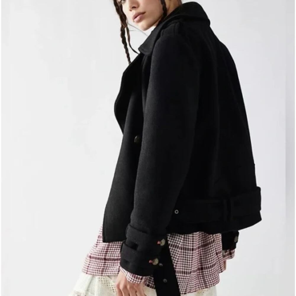 Free People Cecelia Peacoat Jacket Coat Button Front Buckle Detail Black Size M - Picture 4 of 15